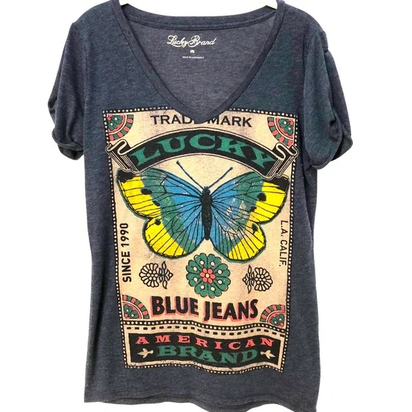 Lucky Brand V-Neck Lucky American Brand Graphic Tee Boho Shirt Top women's med - Picture 1 of 5